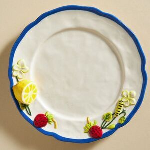 Anthropologie Faye Dessert Plate White Lemon Strawberry Kitchen Garden Stoneware